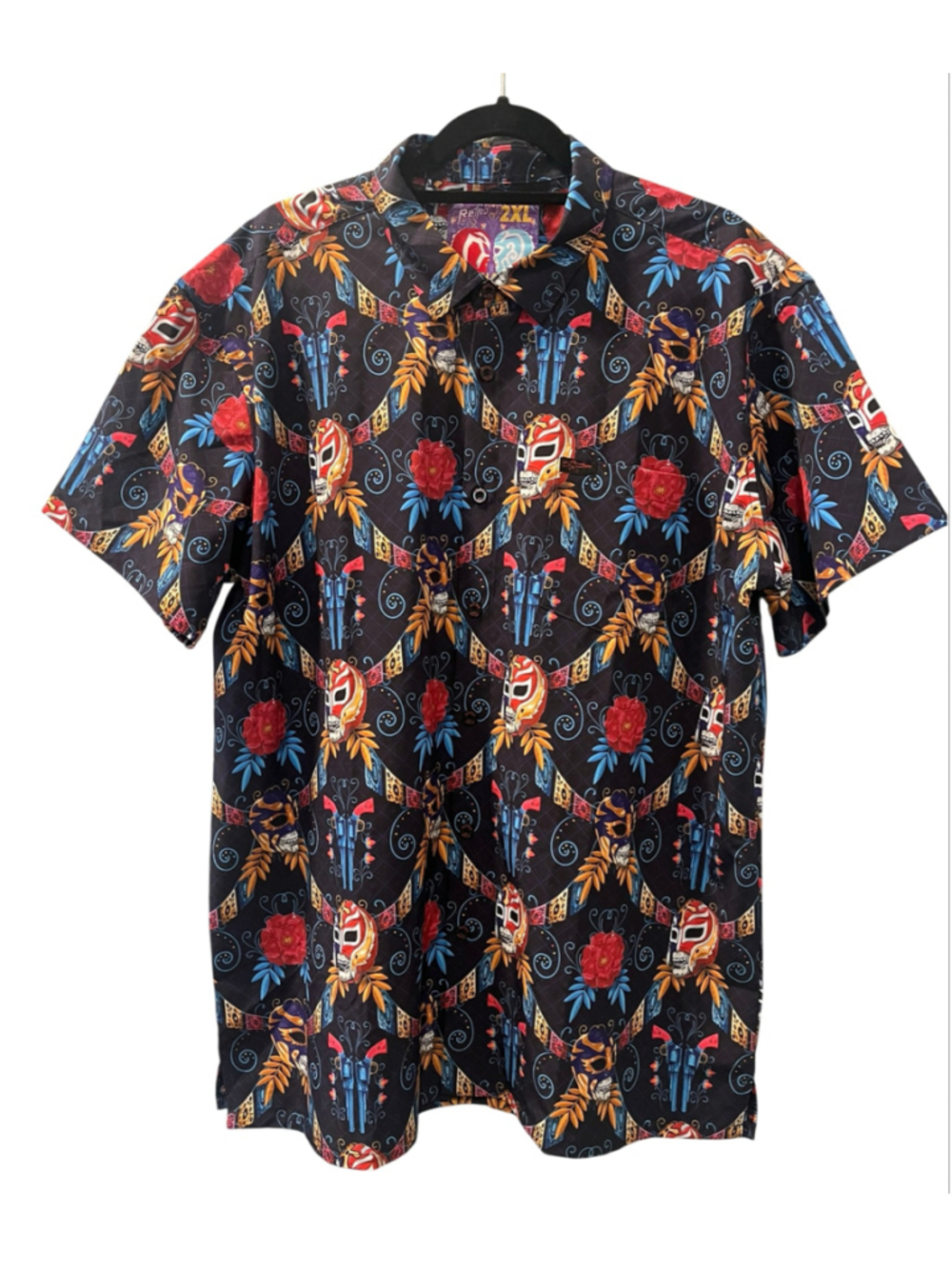 Retro Rifle The Luchador Button Down Shirt Mens 2XL Black Lucha Libre Guns Blue